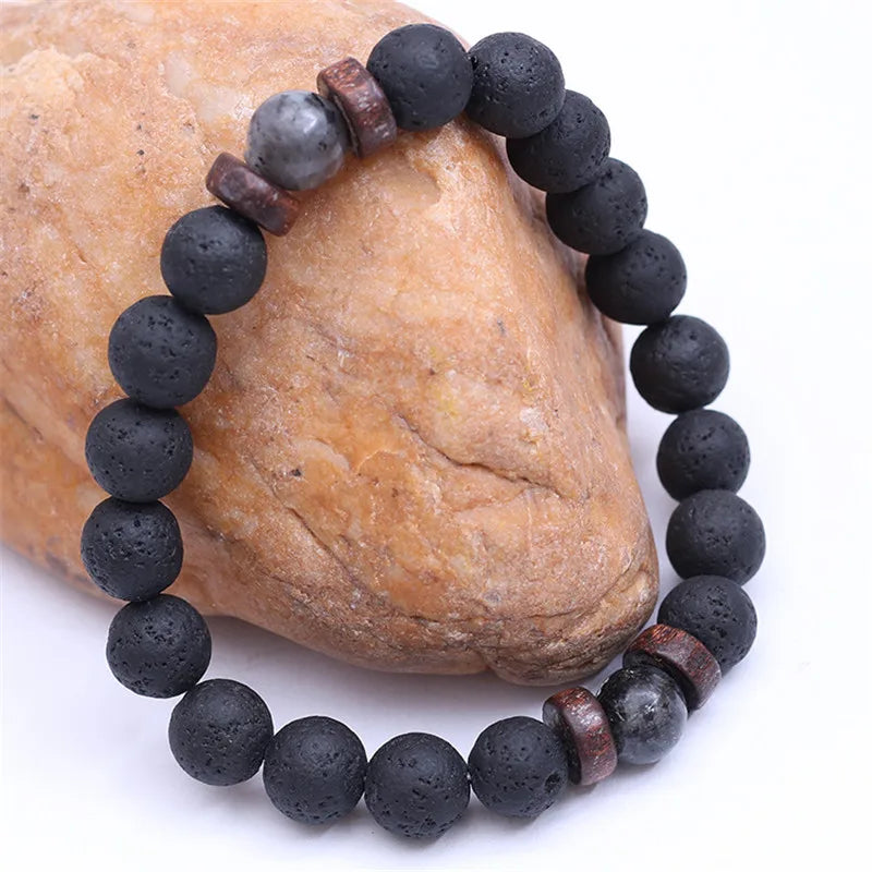 Lava steen en houten kralen armband