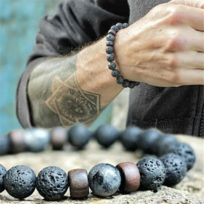 Lava steen en houten kralen armband