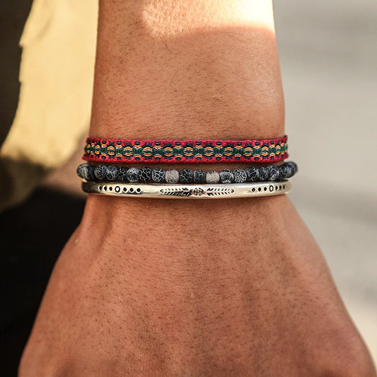 Trio Tibetaanse Armbanden met Meerdere Materialen - Uniseks en Stijlvol